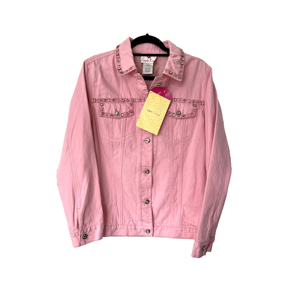 NWT QVC Quaker Factory Pink Rhinestone Embellished Jean Jacket SZ S